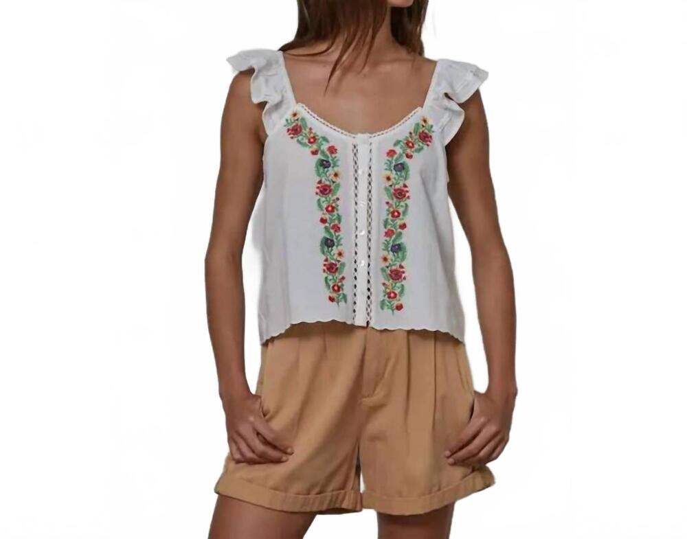 NEW BY TOGETHER woven cotton floral embroidered lace detail top in off white